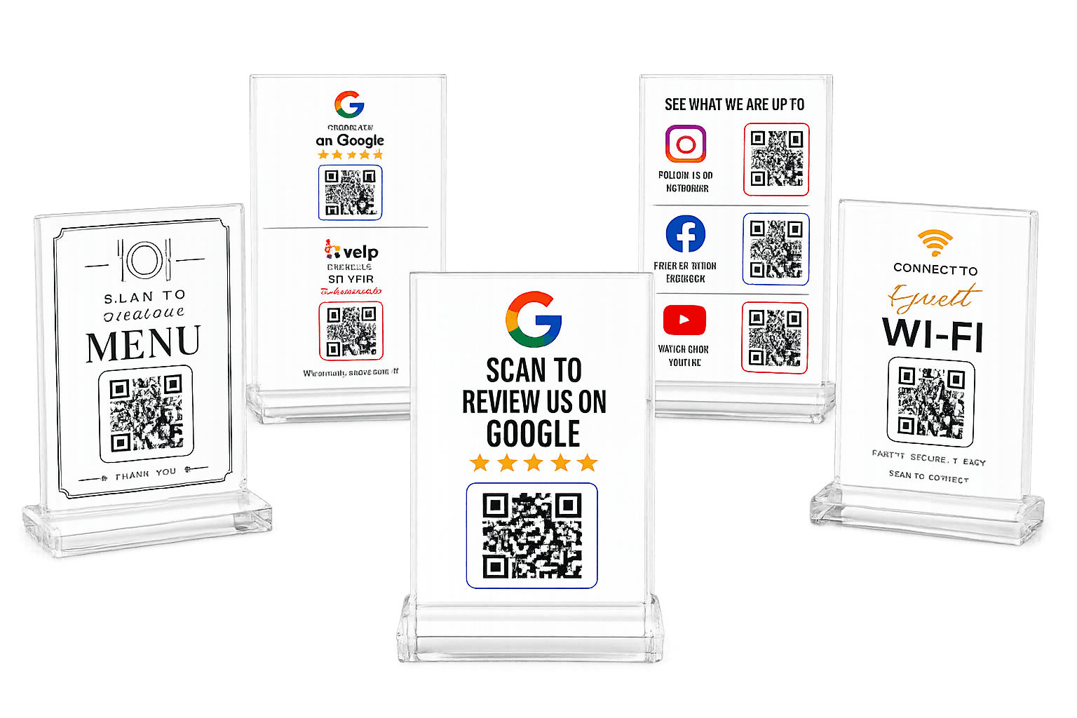 Five ready-made QR Displays for reviews, menus, social media, and guest Wi-Fi