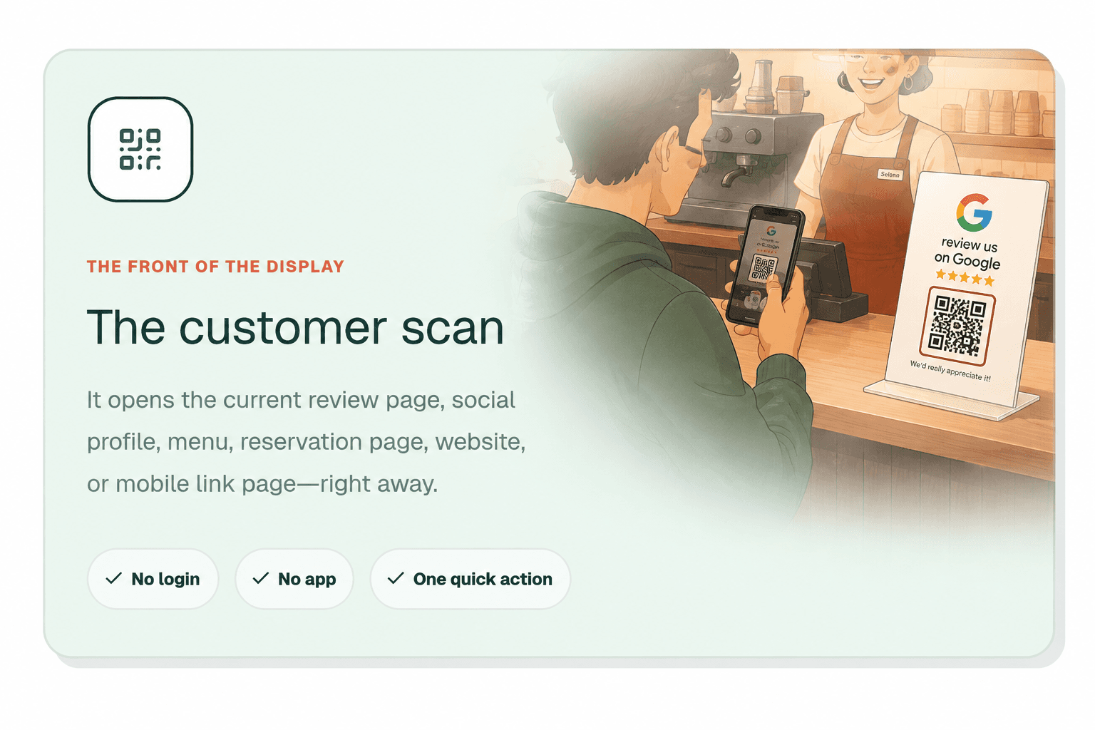 A customer scanning the front of a Google Review QR Display at a local coffee shop