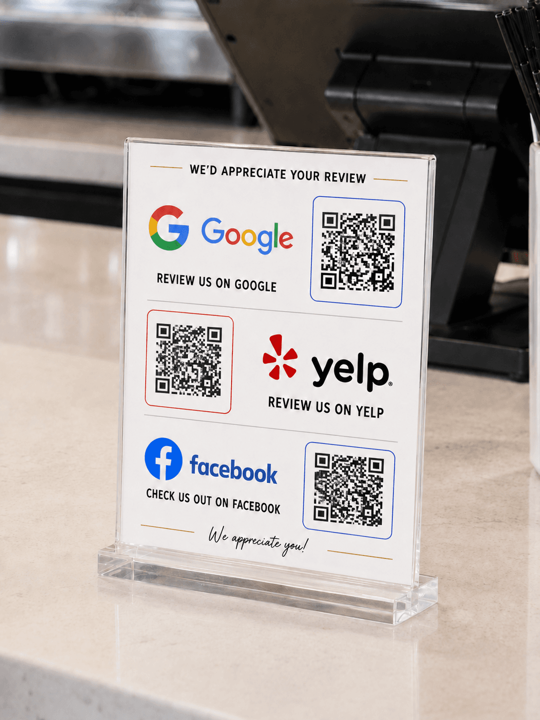 Google, Yelp, and Facebook QR Display on a checkout counter